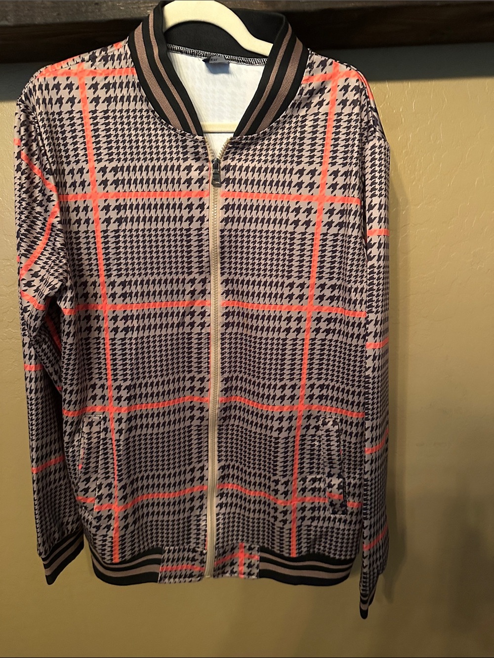 Men's Checked Zip-Up Bomber Sweater - Black, Gray & Orange